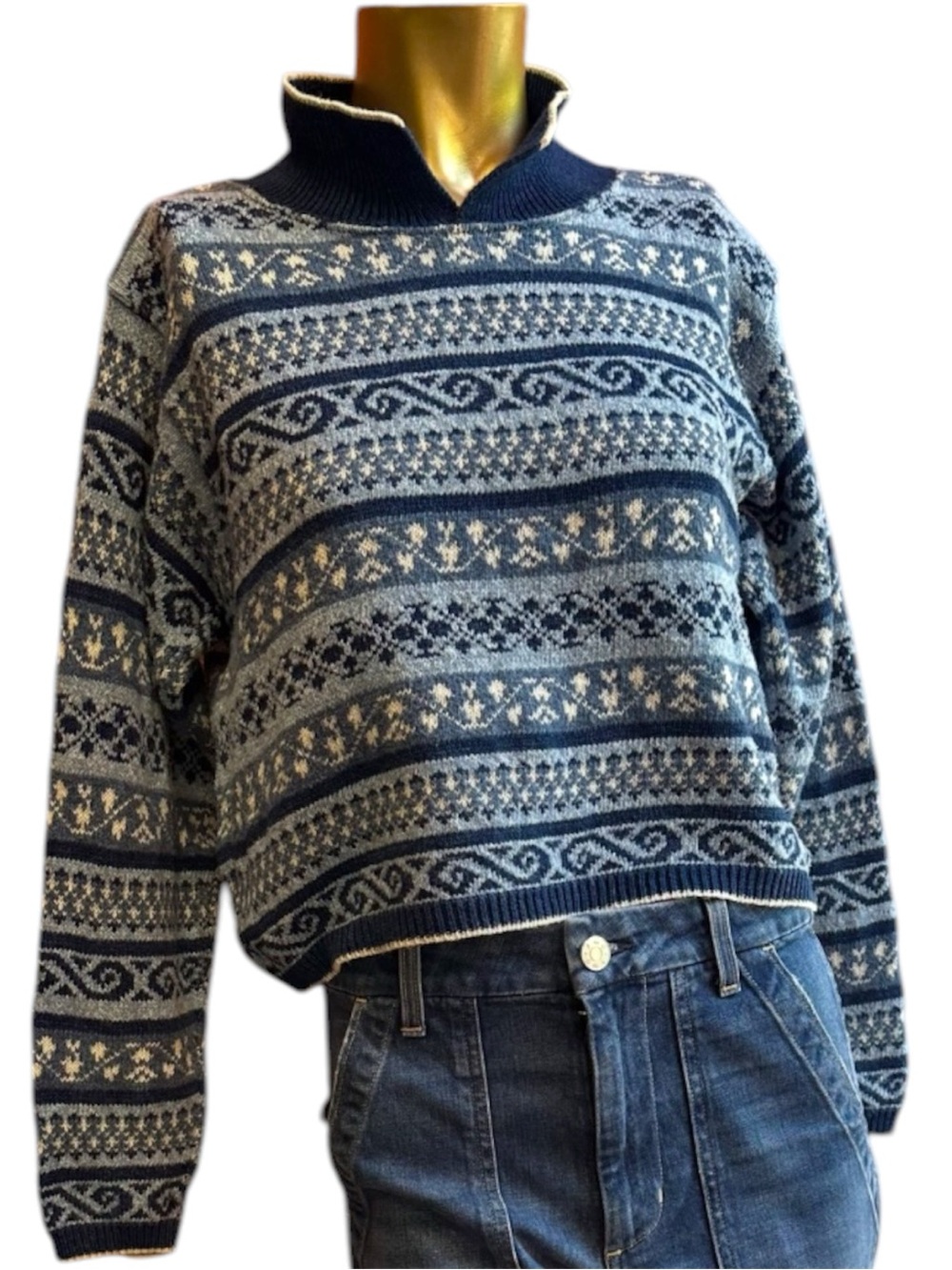 Lizwear Cropped Cotton Sweater Fairisle Hearts Blue White